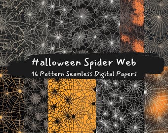 May include: A set of 16 digital papers featuring seamless patterns of spiderwebs in various styles. The patterns include black and white spiderwebs, orange and black spiderwebs, and white spiderwebs on a dark background.  The text "Halloween Spider Web 16 Pattern Seamless Digital Papers" is displayed on a black background.