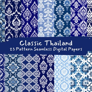 May include: A set of 23 digital papers featuring classic Thai patterns in shades of blue and white. The patterns are seamless and can be used for a variety of projects, such as scrapbooking, card making, and digital design.