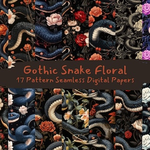 Gothic Snake Floral Pattern Seamless Digital Papers - printable scrapbook paper png instant download commercial use 300dpi