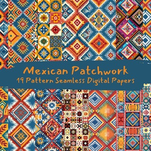 Può includere: Un set di 19 carte digitali con motivi colorati di patchwork messicano. I motivi sono un mix di forme geometriche e disegni in rosso, giallo, blu e verde.
