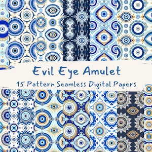 May include: A set of 15 digital paper patterns featuring blue and white evil eye designs. The patterns are seamless and can be used for a variety of projects, such as scrapbooking, card making, and digital design.