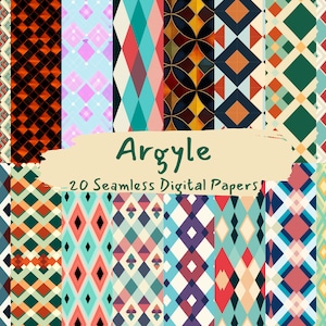 Può includere: Una collezione di 20 carte digitali senza cuciture con motivi argyle. I design presentano varie forme geometriche, tra cui diamanti e motivi argyle, in una gamma di colori come il verde acqua, l'arancione e il viola. Il testo "Argyle" e "20 Seamless Digital Papers" è visibile.