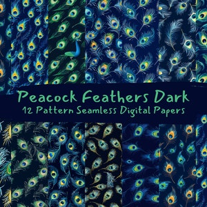 Peacock Feathers Dark Pattern Seamless Digital Papers - printable scrapbook paper instant download, commercial use, 300dpi