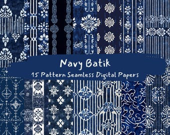 Papiers numériques sans couture motif batik bleu marine - imprimable scrapbooking papier png téléchargement immédiat usage commercial 300dpi