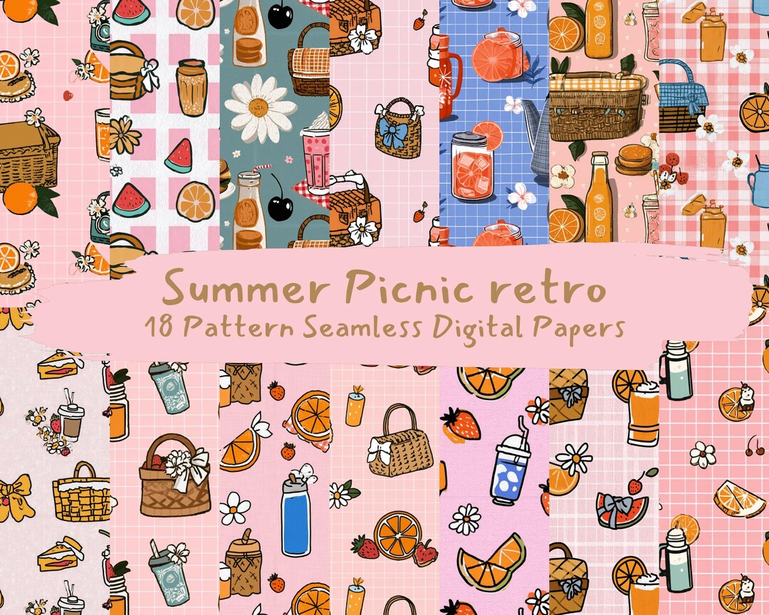 Picnic Pattern Ripped Paper Summer Picnic Retro Pattern Seamless Digital Papers - Printable ...