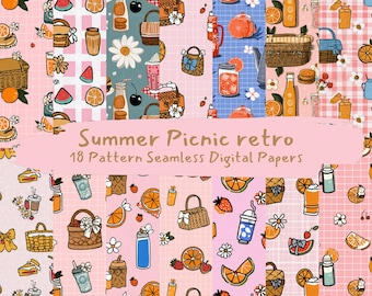 Zomer picknick retro patroon naadloze digitale papers - afdrukbaar plakboekpapier png instant download commercieel gebruik 300 dpi