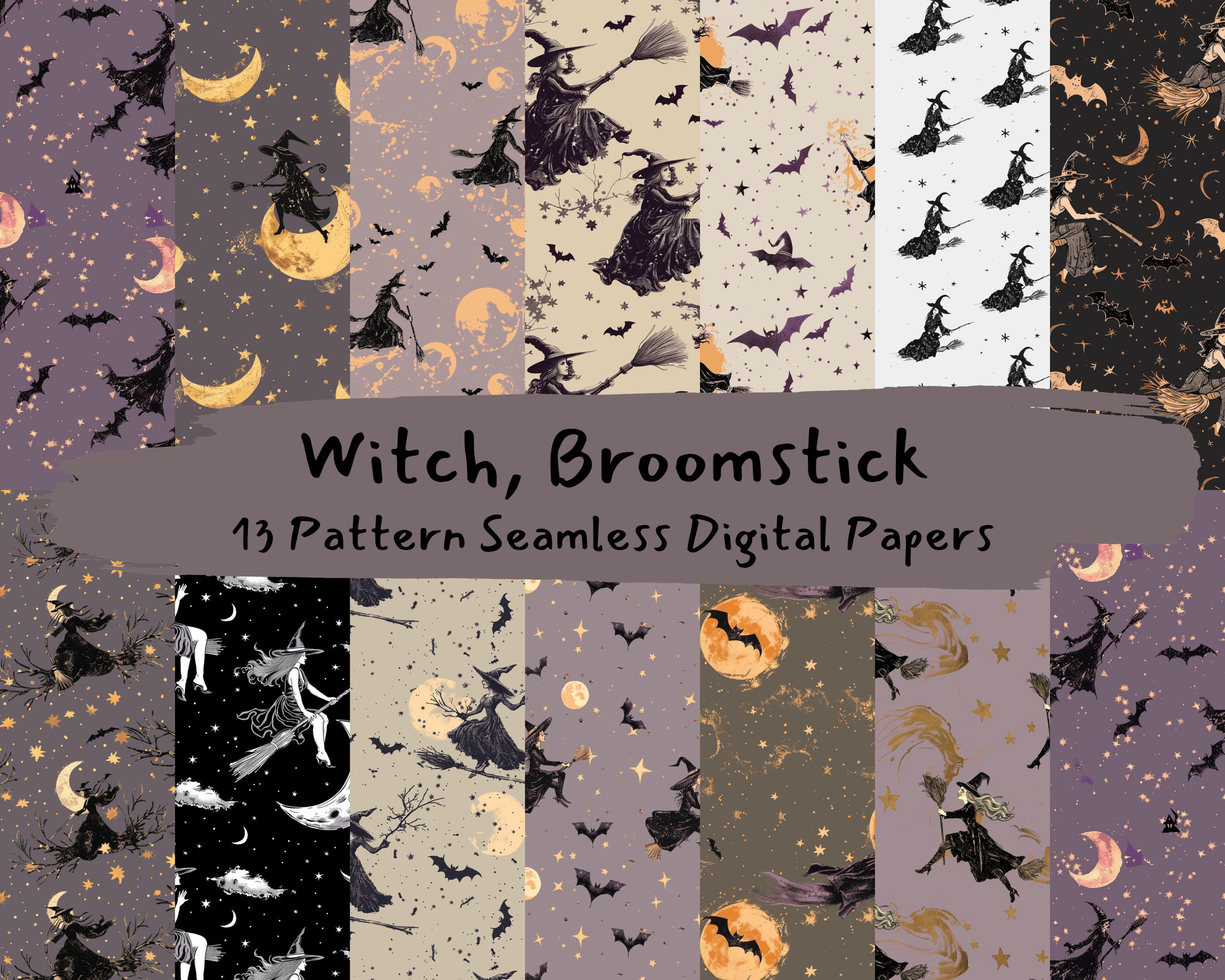 Witch, Broomstick Pattern Seamless Digital Papers - Printable Scrapbook ...