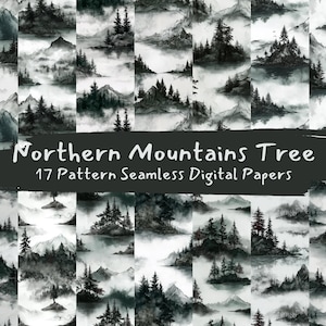 May include: A collection of 17 seamless digital papers featuring watercolor illustrations of mountain landscapes with trees. The designs are in shades of gray and black, with a misty, atmospheric effect. The text "Northern Mountains Tree" is displayed.