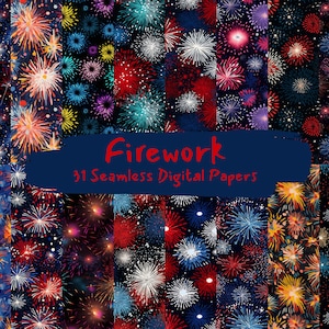 Può includere: Una collezione di 31 carte digitali con motivi di fuochi d'artificio colorati su uno sfondo blu scuro. Il testo "Firework 31 Seamless Digital Papers" è visualizzato in rosso.