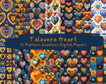 Talavera Heart Pattern Seamless Digital Papers printable scrapbook paper junk journal ephemera png instant download commercial use 300dpi
