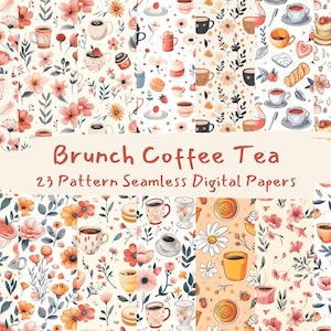 Könnte beinhalten: Ein Set mit 23 digitalen Papiermustern mit Aquarell-Illustrationen von Kaffeetassen, Teetassen, Blumen und anderen Brunch-Elementen. Die Muster sind nahtlos und können für eine Vielzahl von kreativen Projekten verwendet werden.