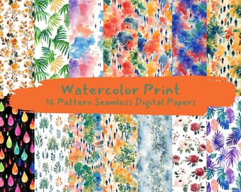 Watercolor Print Pattern Seamless Digital Papers - printable scrapbook paper png instant download commercial use 300dpi