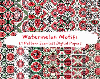 Watermelon Motifs Pattern Seamless Digital Papers - printable scrapbook paper instant download, commercial use, 300dpi