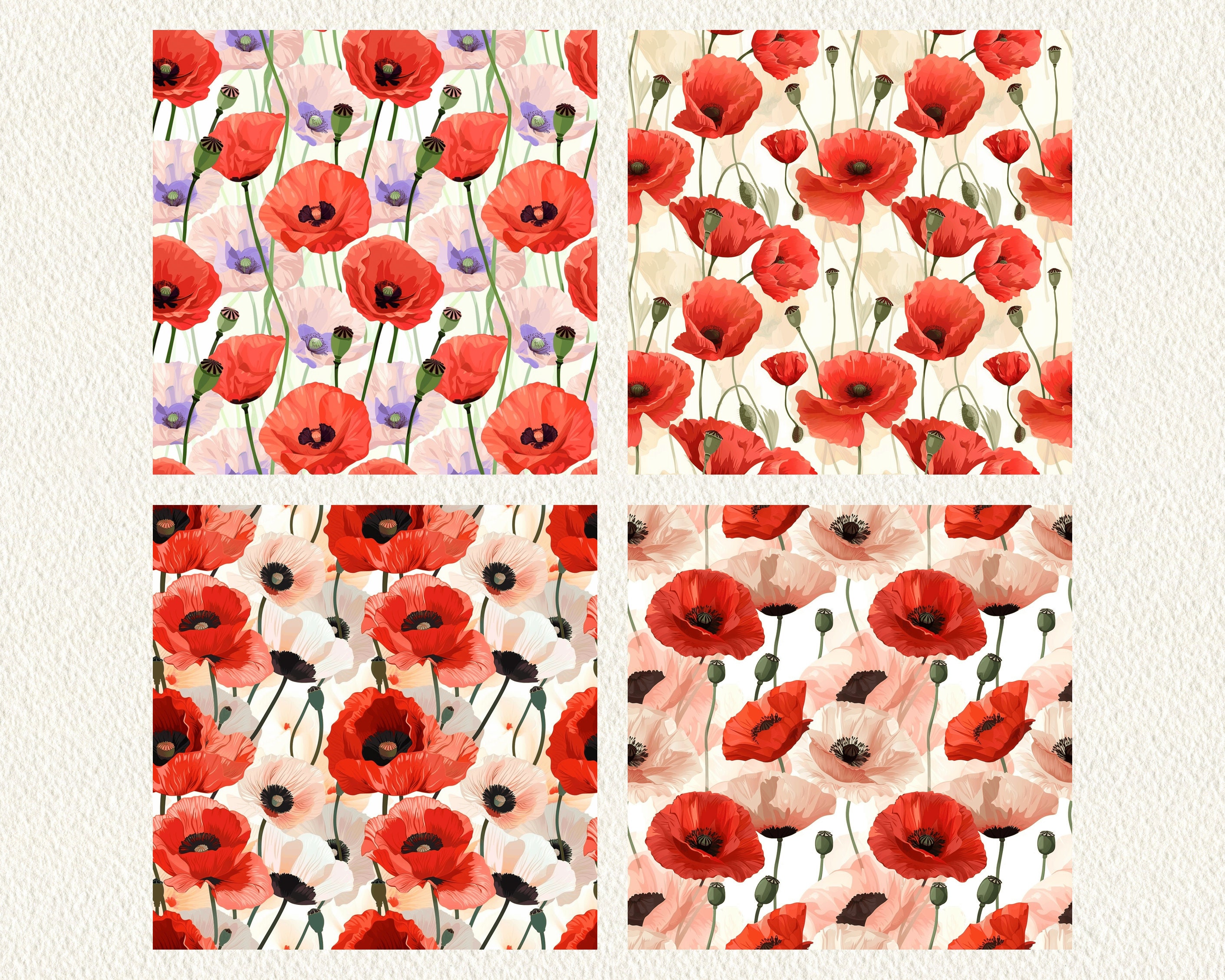 Poppy Flower Pattern Seamless Digital Papers - Printable