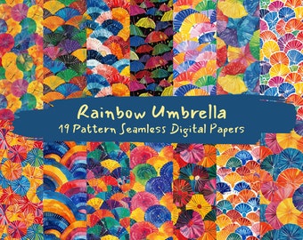 Rainbow Umbrella Pattern Seamless Digital Papers - printable scrapbook paper instant download, commercial use, 300dpi