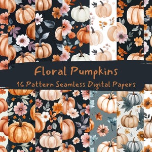 May include: A set of 16 digital paper patterns featuring watercolor illustrations of pumpkins and floral designs. The patterns are seamless and can be used for crafting, scrapbooking, and other creative projects.