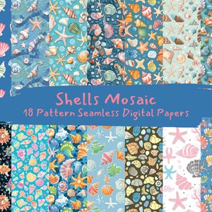 May include: 18 digital paper patterns featuring colorful seashells, starfish, and other ocean-themed designs. The patterns are seamless and can be used for scrapbooking, card making, and other craft projects.