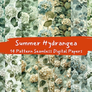 Puede incluir: Un paquete de papel digital con 14 patrones sin costuras de hortensias en varios tonos de azul, blanco y verde. Los patrones son perfectos para manualidades, scrapbooking y proyectos de diseño digital.