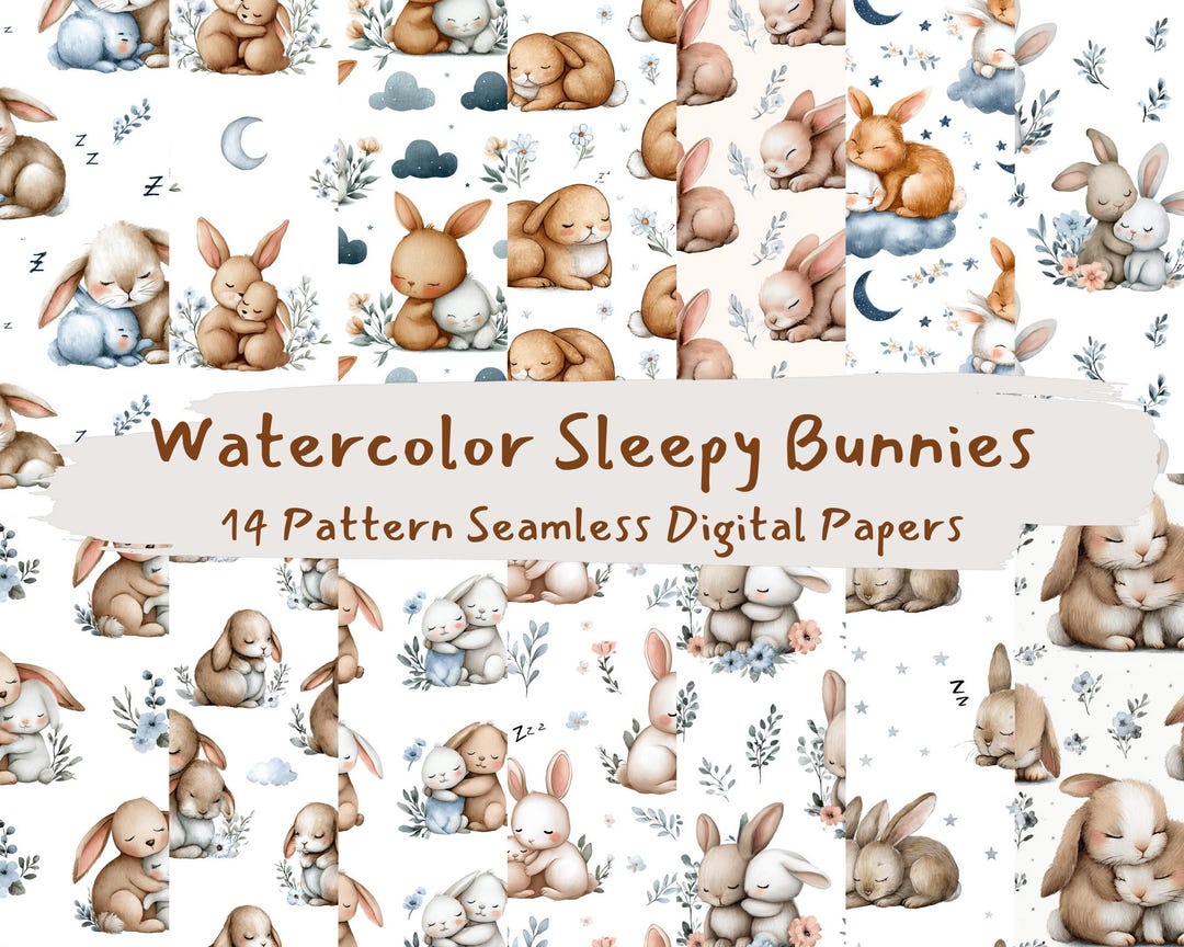 Watercolor Sleepy Bunnies Pattern Seamless Digital Papers - Printable ...