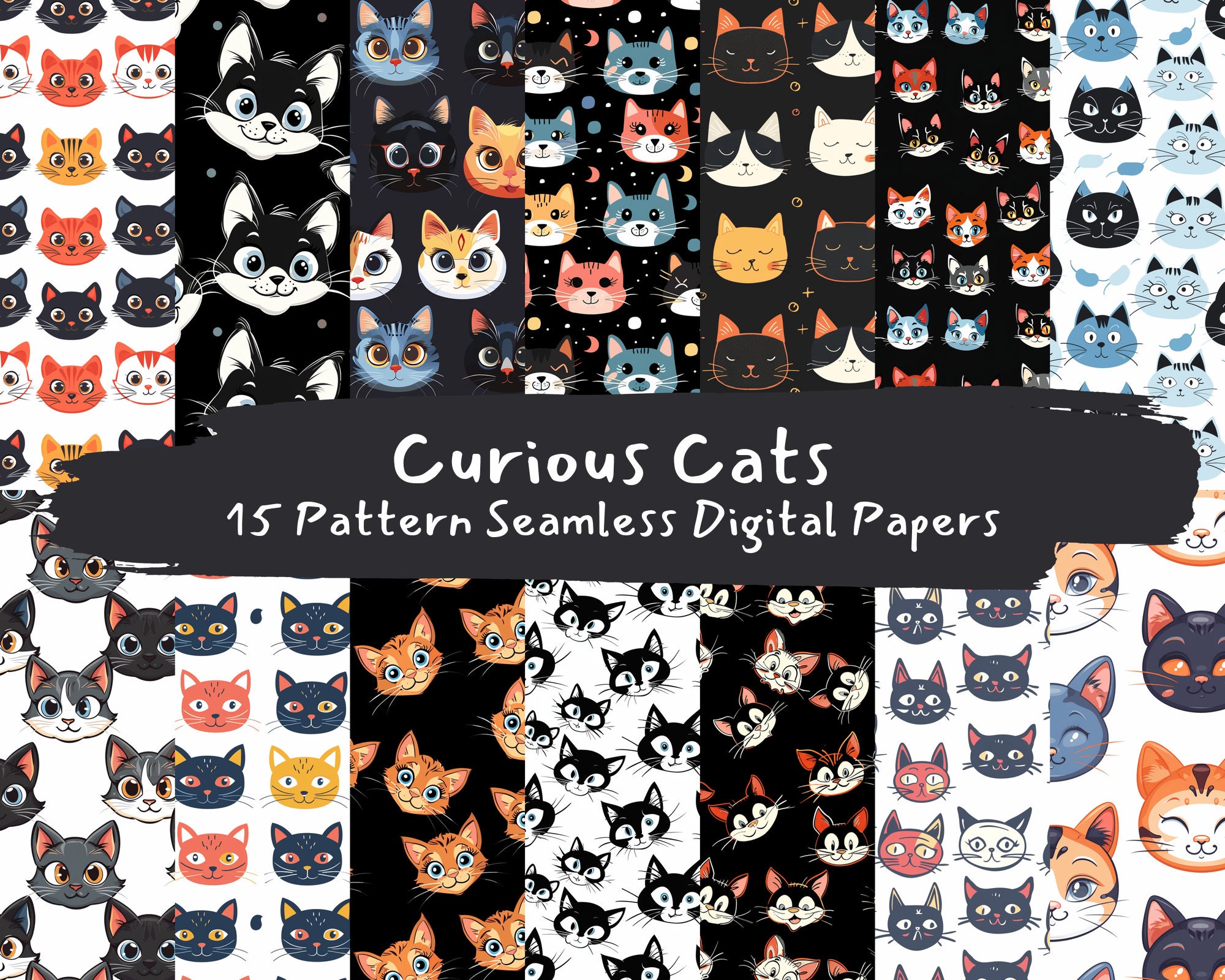 Curious Cats Pattern Seamless Digital Papers - Printable Scrapbook ...