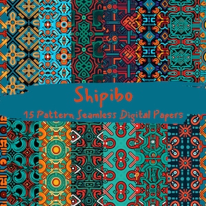 May include: A set of 15 digital papers featuring colorful geometric patterns inspired by the Shipibo culture. The patterns are a mix of red, orange, yellow, blue, green, and black.