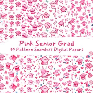 May include: A collection of pink graduation caps, hearts, and other celebratory elements on a white background. The text "Pink Senior Grad" and "14 Pattern Seamless Digital Papers" is displayed in the center. The design is suitable for digital paper.