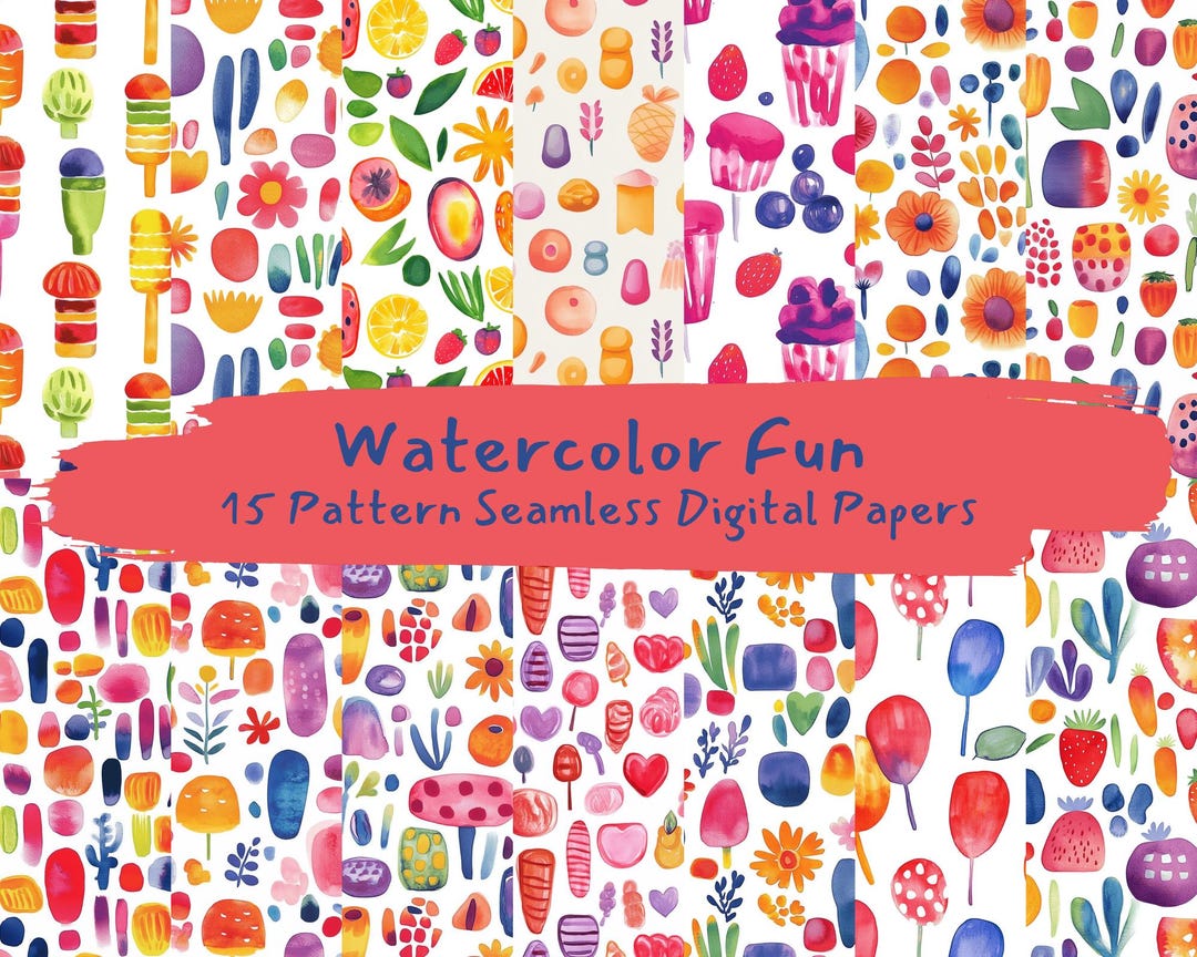 Watercolor Fun Pattern Seamless Digital Papers - Printable Scrapbook ...