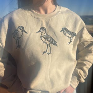 May include: A light beige sweatshirt with a black print of three birds. The birds are stylized and have a simple design.