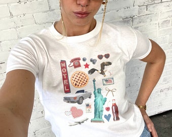 4th of July Baby Tee, Baby Tee Y2K, Scrapbook Aesthetic Shirt, Vintage Americana Crop Top, USA Baby Tee, Independence Day Shirt, Flag Shirt