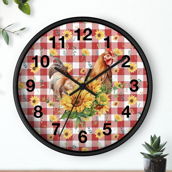 Horloge murale poulet, tournesol, décoration amateurs de poulet, décoration amateurs de tournesol, horloge de cuisine, carreaux rouges, tournesol