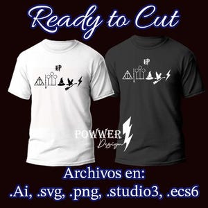 May include: White and black t-shirts with a graphic design featuring symbols and text. The white shirt has a black design, and the black shirt has a white design. The text "Ready to Cut" is at the top.