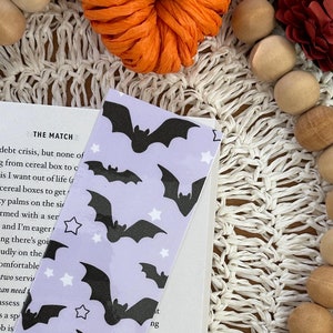 Purple Bats Halloween Ghost Pumpkin Skull Cute Trendy Bookmark Book Lovers Bookish Reader Gift Laminated Fall Autumn Cozy Reads BookTok
