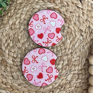 Pink Coquette Valentines Day Car Coaster Set of 2 Neoprene Girly Accessories Aesthetic Trendy New Driver Gift Fun Cup Holder Coasters