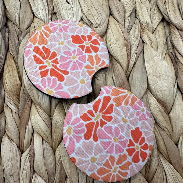 Retro Floral Pink & Orange Car Coaster Set of 2 Neoprene Girly Accessories Aesthetic Trendy New Driver Gift Fun Cup Holder Coasters