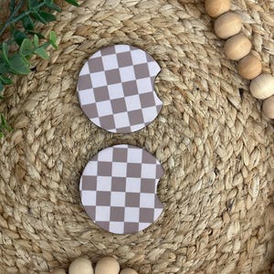Neutral Checkerboard Car Coaster Set of 2 Neoprene Girly Accessories Aesthetic Trendy New Driver Gift Fun Cup Holder Coasters