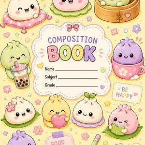 May include: A composition book cover featuring a yellow background with various cartoon bao buns, boba tea, and flowers. The center label reads COMPOSITION BOOK with lines for Name, Subject, and Grade. A note at the bottom reads GOOD THINGS TAKE TIME.