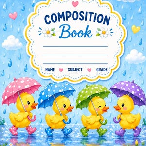 May include: A composition book cover featuring four yellow ducklings in colorful polka-dot rain boots and umbrellas walking in the rain. The background shows blue sky, clouds, and raindrops. A central label includes the text COMPOSITION Book.
