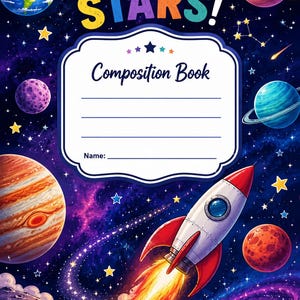 May include: A composition book with a dark blue space-themed cover featuring planets, stars, a galaxy, and a rocket ship. The text reads REACH FOR THE STARS! and Composition Book with a blank space for a name. The design includes colorful celestial bodies.