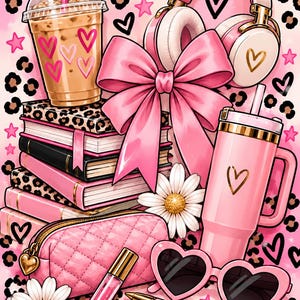 May include: A collection of pink items including a large bow, headphones, a tumbler with a straw, heart-shaped sunglasses, a quilted pouch, a pen, lip gloss, books, and an iced coffee cup, all set against a background of leopard print and hearts.
