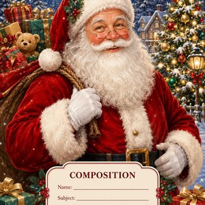 May include: Santa Claus with a white beard and red suit, wearing glasses and white gloves, carries a sack of gifts. A label at the bottom reads COMPOSITION with lines for Name, Subject, and Grade, decorated with holly, berries, and a gold bell.