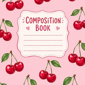 May include: A composition book with a light pink background featuring a repeating pattern of bright red cherries with green leaves. A central white label with a scalloped border contains the text COMPOSITION BOOK and two small pink hearts.