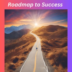 May include: A person walks down a winding road leading to a bright sun in a mountain landscape. The sky is a vibrant orange and pink with clouds. The road is paved and has a yellow line down the center. The mountains are covered in brown grass and trees. The image is a metaphor for the journey to success.