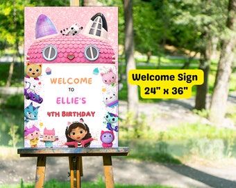 Bearbeitbare Gabbys Puppenhaus Geburtstag Willkommensschild Vorlage, druckbare Mädchen Geburtstagsfeier Willkommensschild, digitale Gabbys Puppenhaus 24 "x 36"