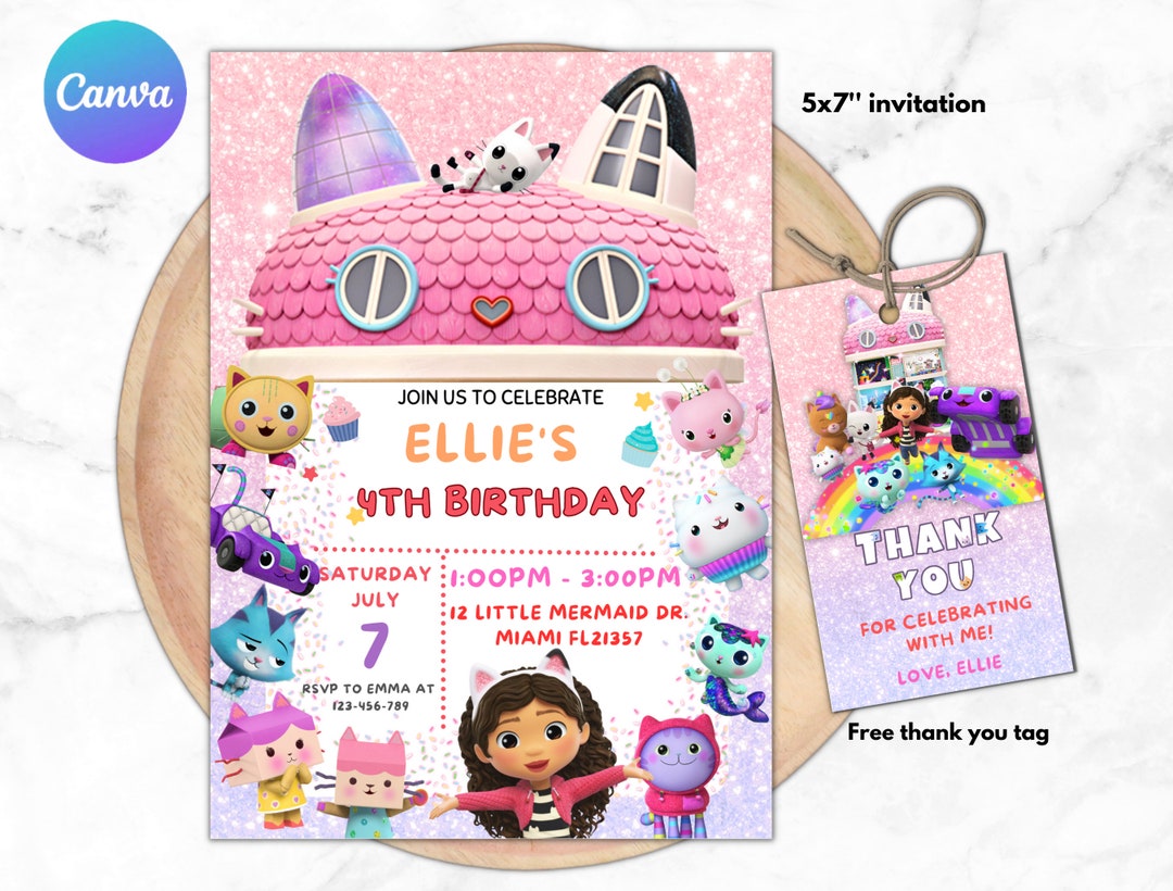 Editable Gabby's Dollhouse Birthday Invitation Template, Digital Gabbys