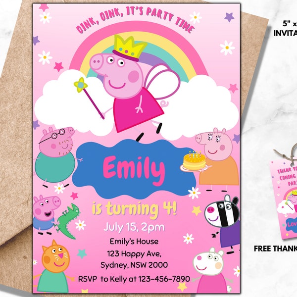 Editable Peppa Pig Birthday Invitation, Kids Birthday Invite, Peppa Pig Theme Party Card Digital Download, Printable Girl Birthday Invite 05