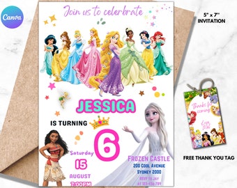 Editable Princess Birthday Invitation Girl Princess Birthday Party Invite Princess Elsa Jasmine Cinderella Belle Aurora Ariel Theme 05