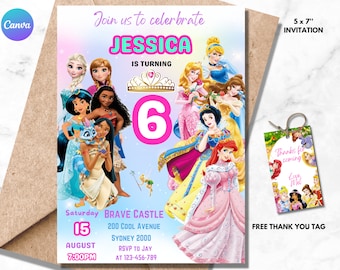 Editable Princess Birthday Invitation Girl Princess Birthday Party Invite Princesses Elsa Jasmine Cinderella Belle Aurora Ariel Theme 03