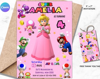 Editable Mario Princess Peach Invitation, Super Mario Birthday Party, Super Mario Brothers Digital Download, Pink Girl Princess Invite 06