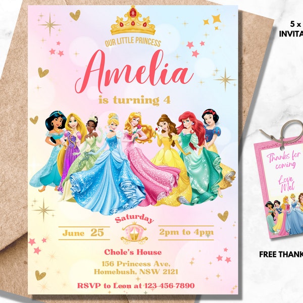 Bearbeitbare Prinzessin Geburtstagseinladung Mädchen Prinzessin Birthday Party Invite Prinzessin Jasmine Cinderella Belle Aurora Ariel Schneewittchen Thema 04