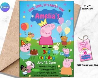 Editable Peppa Pig Theme Birthday Invitation Template, Digital Kids Birthday Invite Instant Download, Printable Girl Birthday Card 03